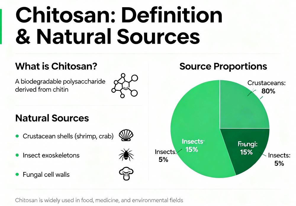 Infographic explaining what chitosan is, its structure and natural sources from shrimp and crab shells