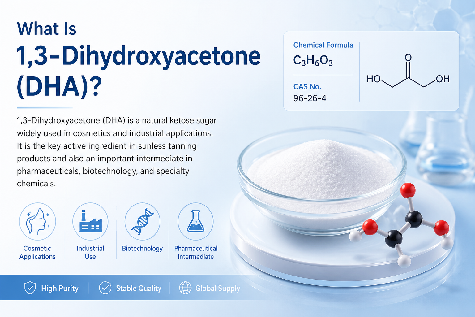 1,3-Dihydroxyacetone DHA powder structure and cosmetic applications infographic