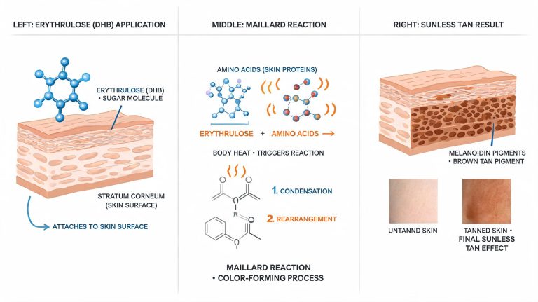 Diagram showing Maillard reaction between Erythrulose and amino acids in skin forming brown pigment for sunless tanning effect
