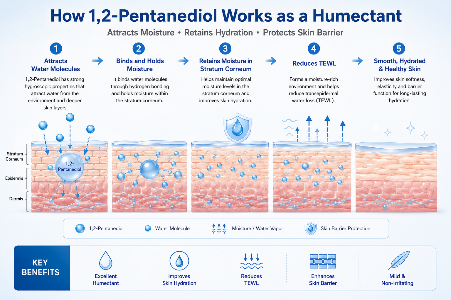 Diagram showing how 1,2-Pentanediol attracts water molecules and reduces transepidermal water loss (TEWL)
