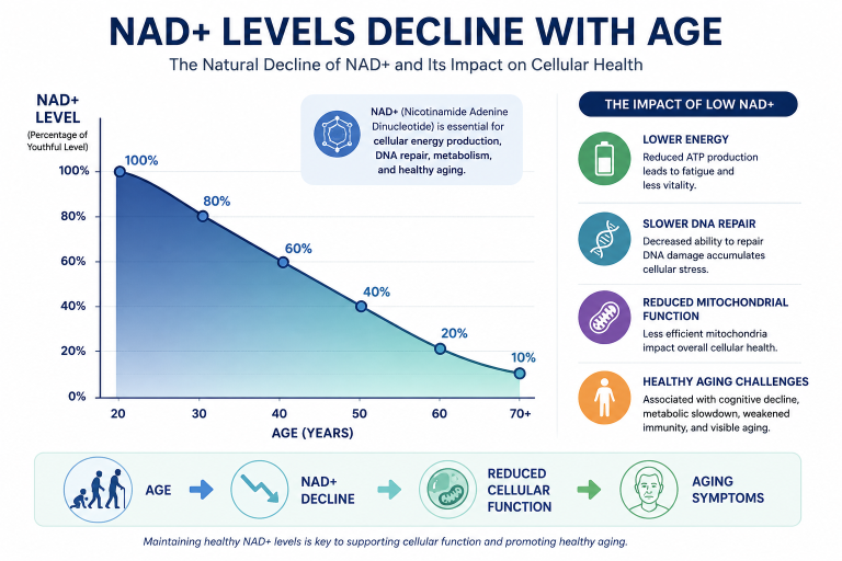 Infographic die laat zien hoe de NAD+-niveaus van nature afnemen met de leeftijd, wat leidt tot verminderde cellulaire energie, DNA-reparatie en mitochondriale functie.