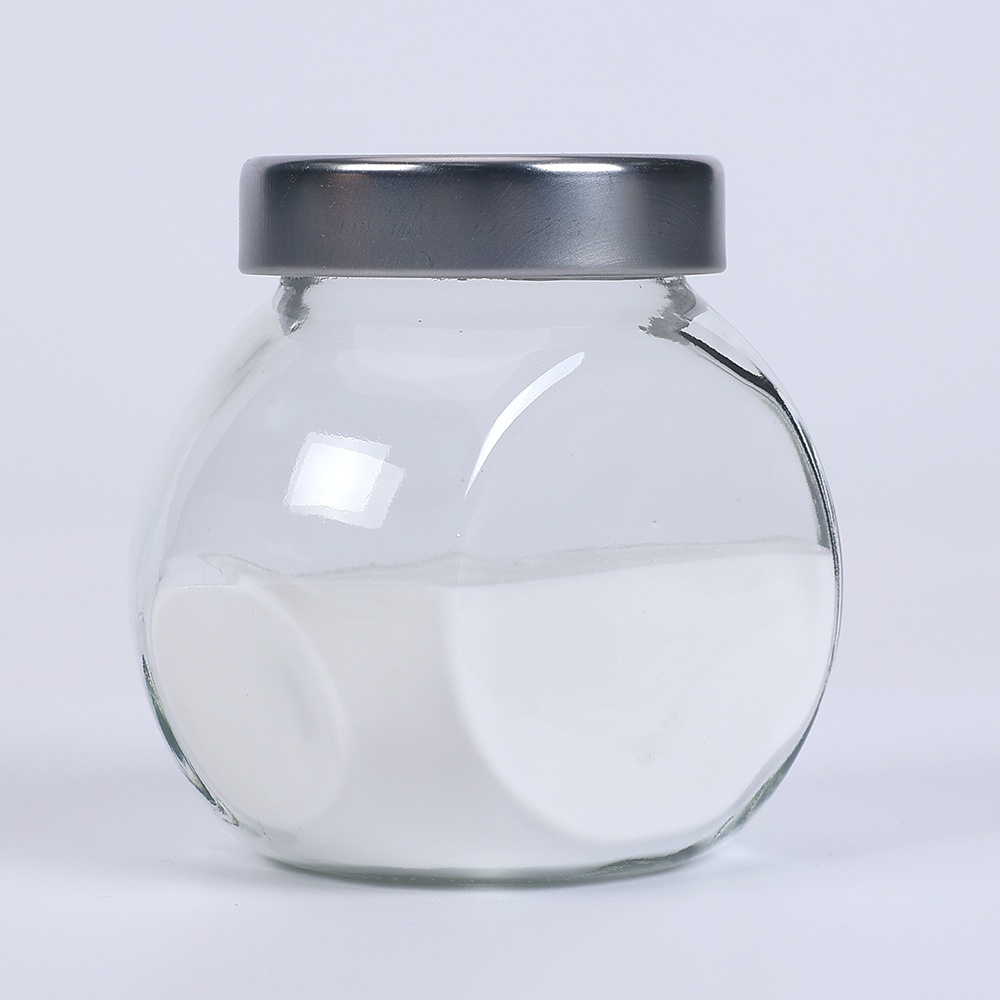 Hydroxypropyl Beta Cyclodextrin HPBCD powder sample in sealed glass jar