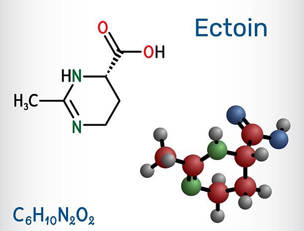 Ectoine cosmetic ingredient powder and molecular structure for skincare formulations.